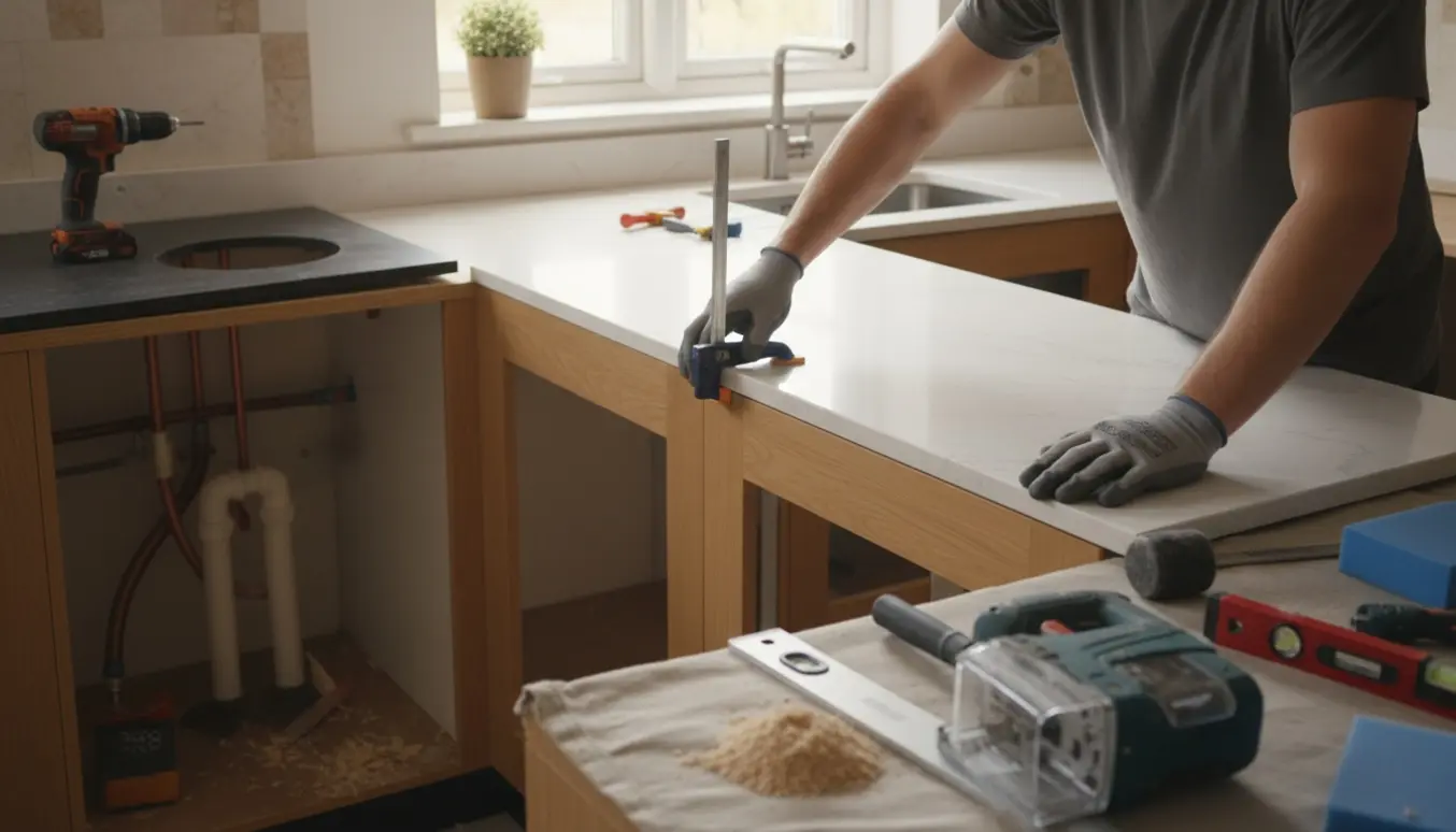 Håndværker udskifter et langt køkkenbord med et nyt stenbordplade, værktøj og åbne underskabe i naturligt lys.