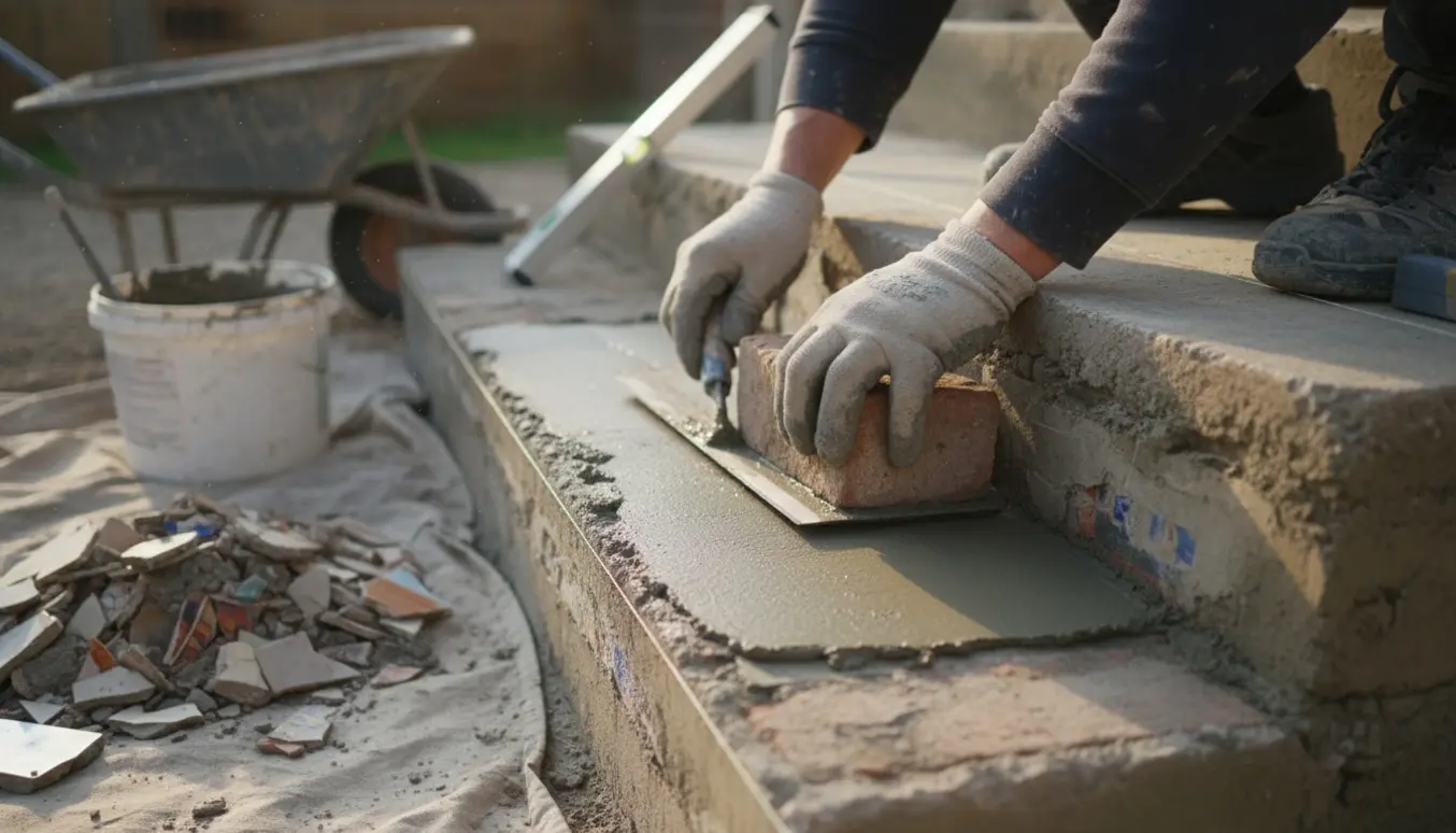 Fem-trins betontrappe under opmuring med våd mørtel og murerværktøj.