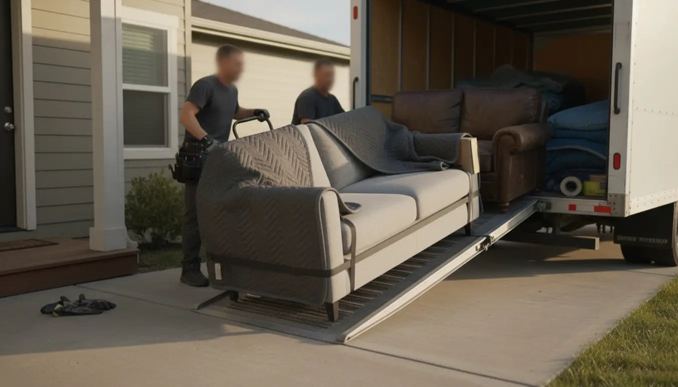 To sofaer læsses ind i en flyttevogn til bortkørsel, mens flyttefolk med handsker sikrer dem.