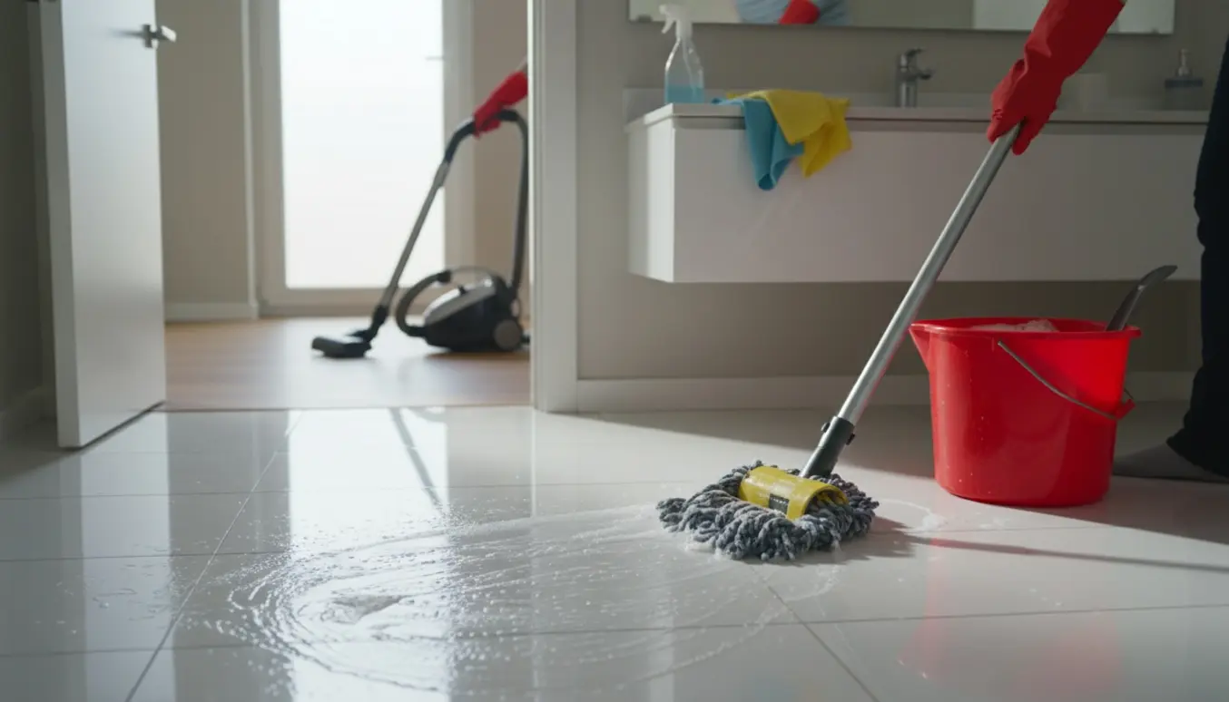 Lyst badeværelse under rengøring med moppe, spand og støvsuger i baggrunden.