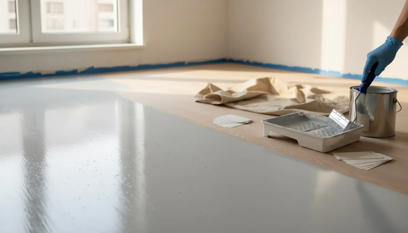 Halvt nymalet trægulv i et lyst værelse med malerrulle, malerbøtte og farveprøver klar.