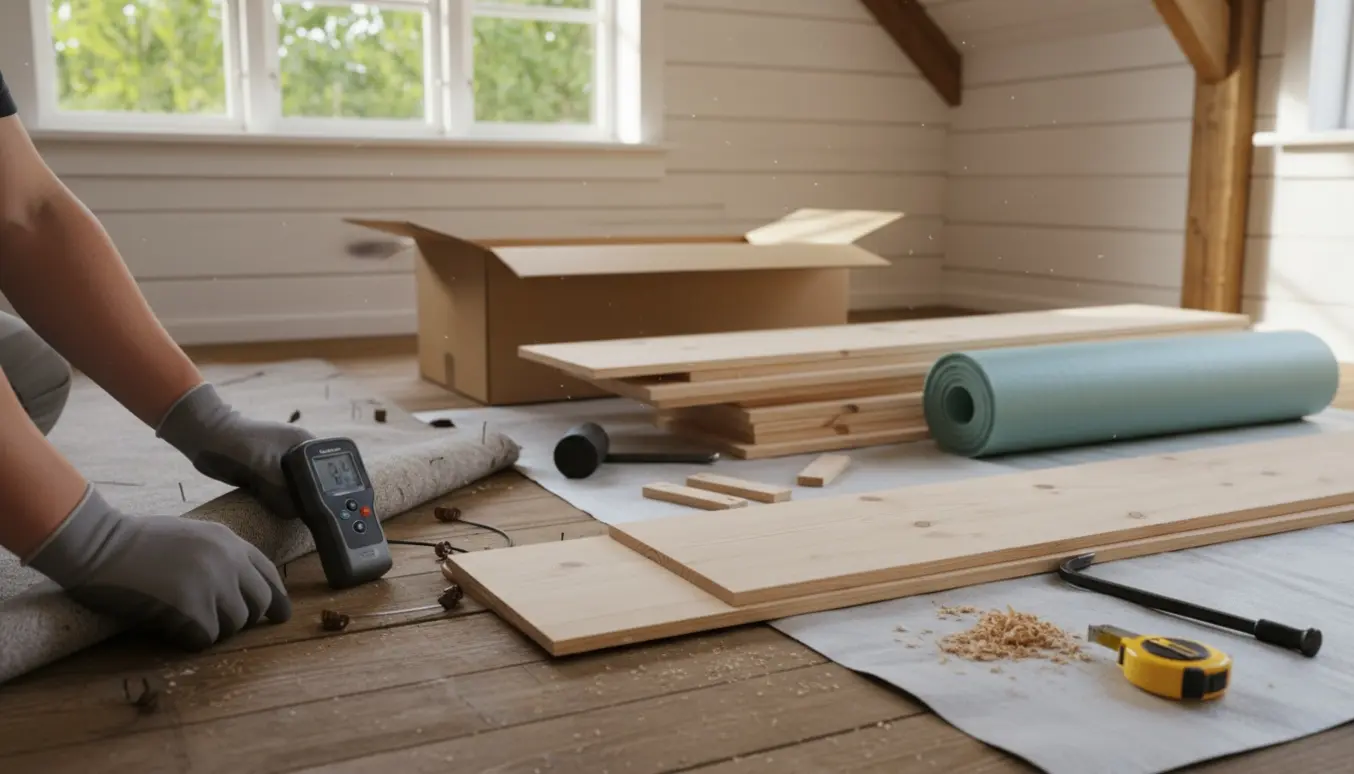 Lyst sommerhusinteriør med delvist fjernet gulvtæppe, nye fyrretræsplanker og en hånd med fugtmåler klar til vurdering.