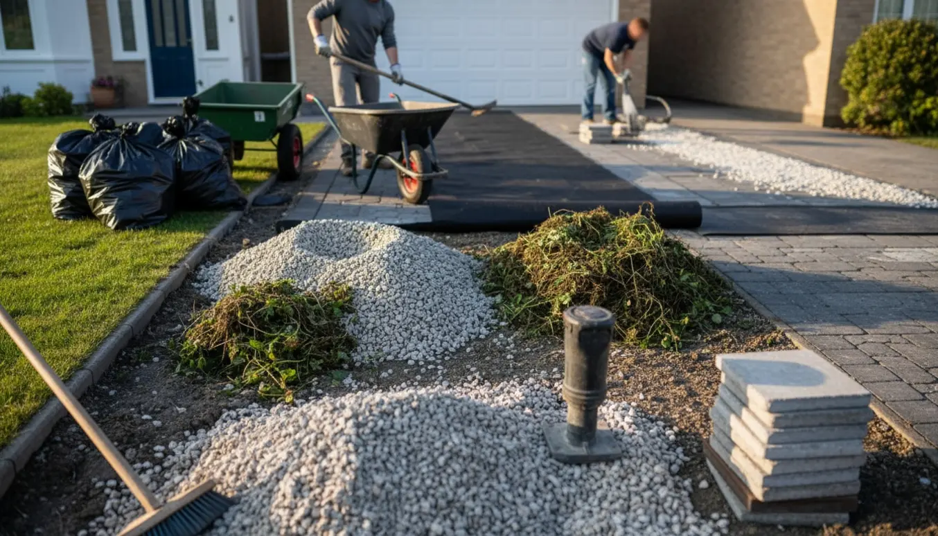Renovering af indkørsel med fjernelse af ukrudt og grus, udrulning af filt og lægning af nye sten.