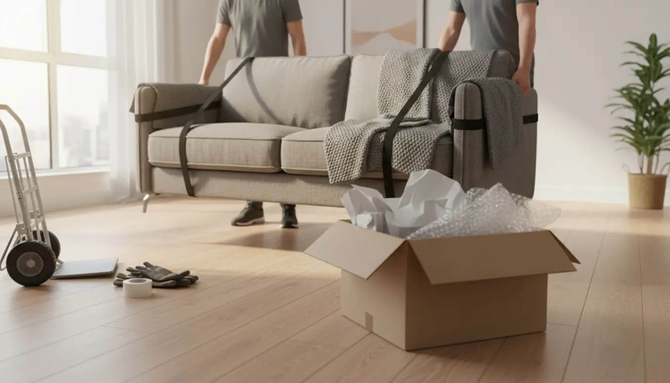 To personer løfter en 2-personers sofa i en lys stue med en brun flyttekasse og flytteudstyr.