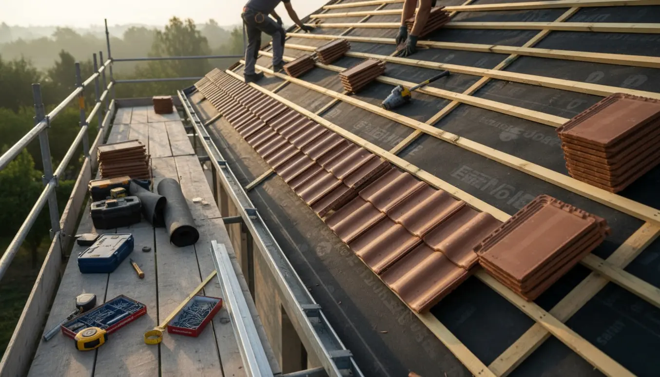 Tagdækkere lægger tegl og undertag på et ældre sadeltag med stillads og materialer.