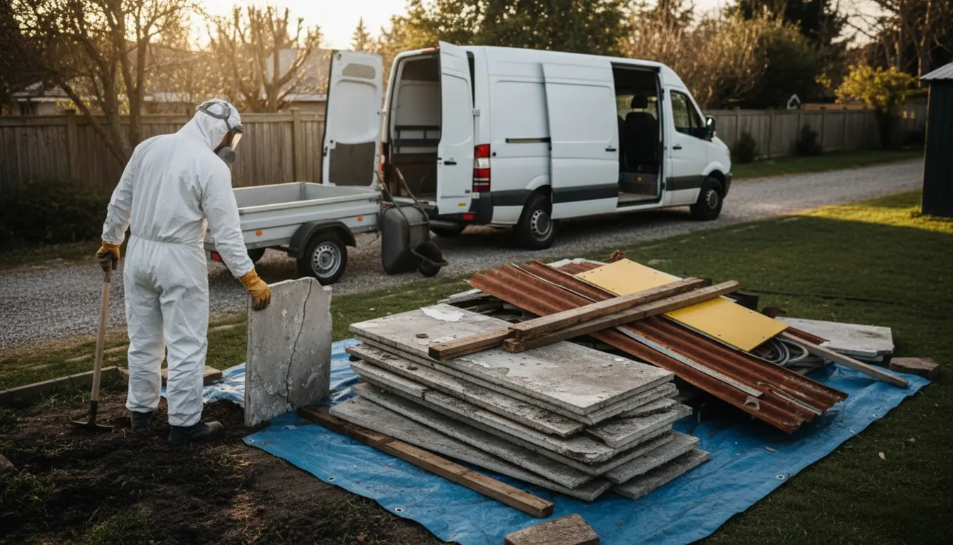 Knækkede tag- og facadeplader samt skrot i baghaven ved en varevogn klar til bortkørsel.