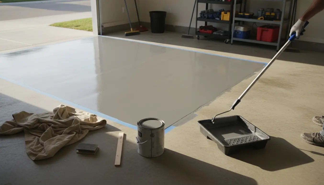 Garagegulv under maling med rulle, malerbøtte og afdækning i en lys åben garage.