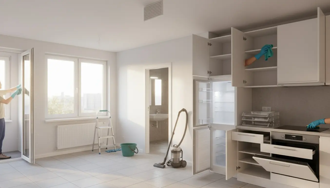 Lejlighed under fraflytningsrengøring med åbne skabe, rengøringsudstyr og hænder i arbejde.