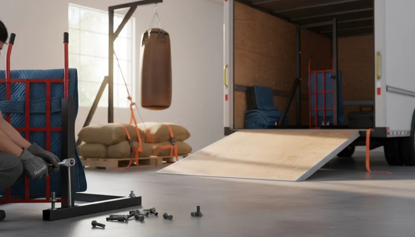 Metalstativ til boksesandsække afmonteres og pakkes i en flyttevogn med værktøj og sandposer klar til transport.