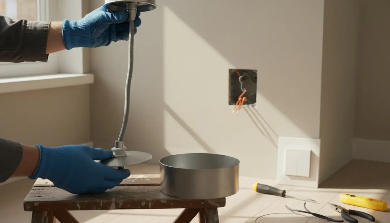 Hænder monterer en stofledningslampe i loftet, mens en dimmer er fjernet og en almindelig kontakt klargøres.