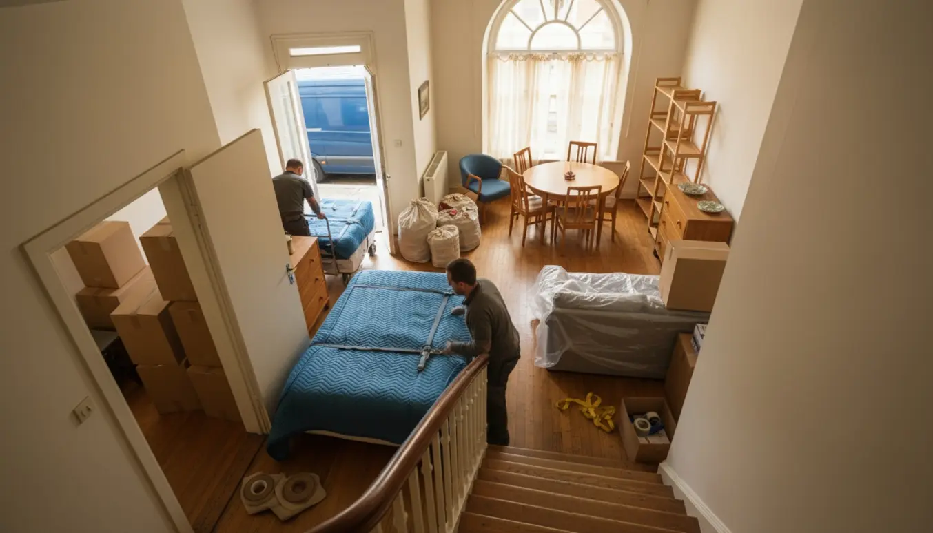 Flyttefolk bærer møbler og pakkede kasser ned ad en trappe fra en øvre lejlighed, klar til bortkørsel.
