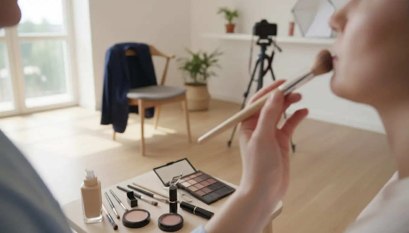Make-upartist lægger business-makeup i en lys, skandinavisk lejlighed med fokus på hænder og makeupprodukter.
