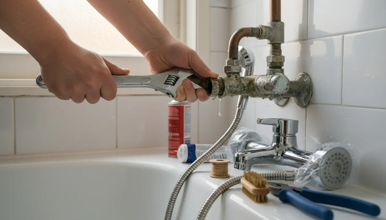 Nærbillede af hænder med skruenøgle ved fastsiddende bruseromløber med nyt blandingsbatteri og pakgarn ved siden af.