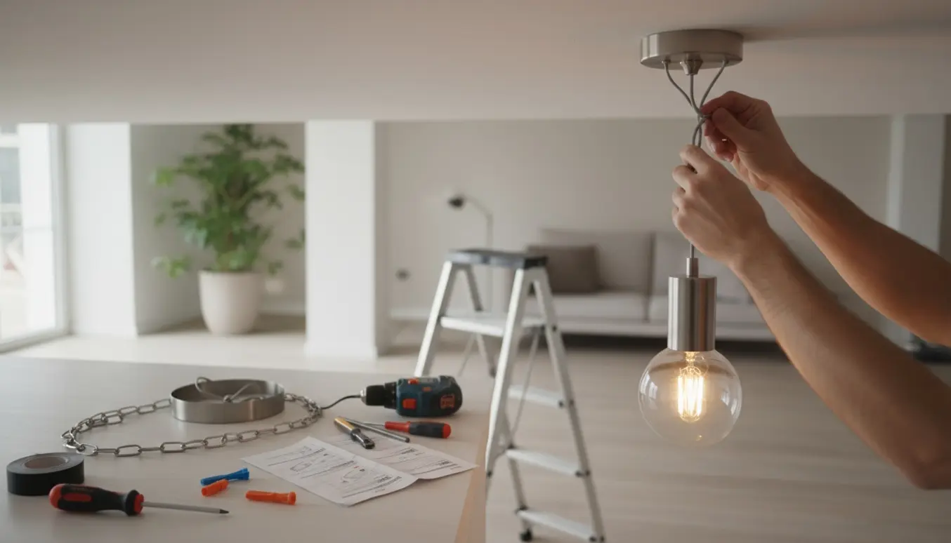 Hænder monterer en loftlampe i et lyst rum med 260 cm loftshøjde.