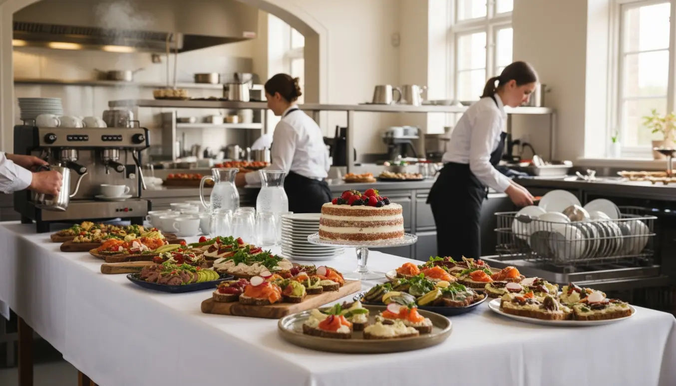 Buffet i et forsamlingshus med smørrebrød, kage, kaffe, vandkander og serveringshænder klar til navngivningsfest.