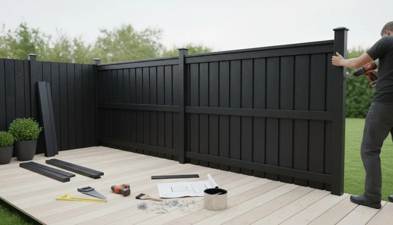 Sortmalet havehegn under montering omkring en træterrasse med værktøj og materialer ved siden af.