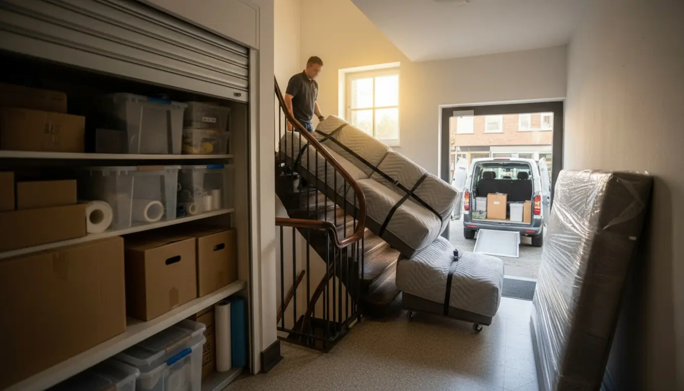Flyttefolk bærer en delt chaiselong og en sengeramme op ad en trappe fra et opbevaringsrum til en varevogn.