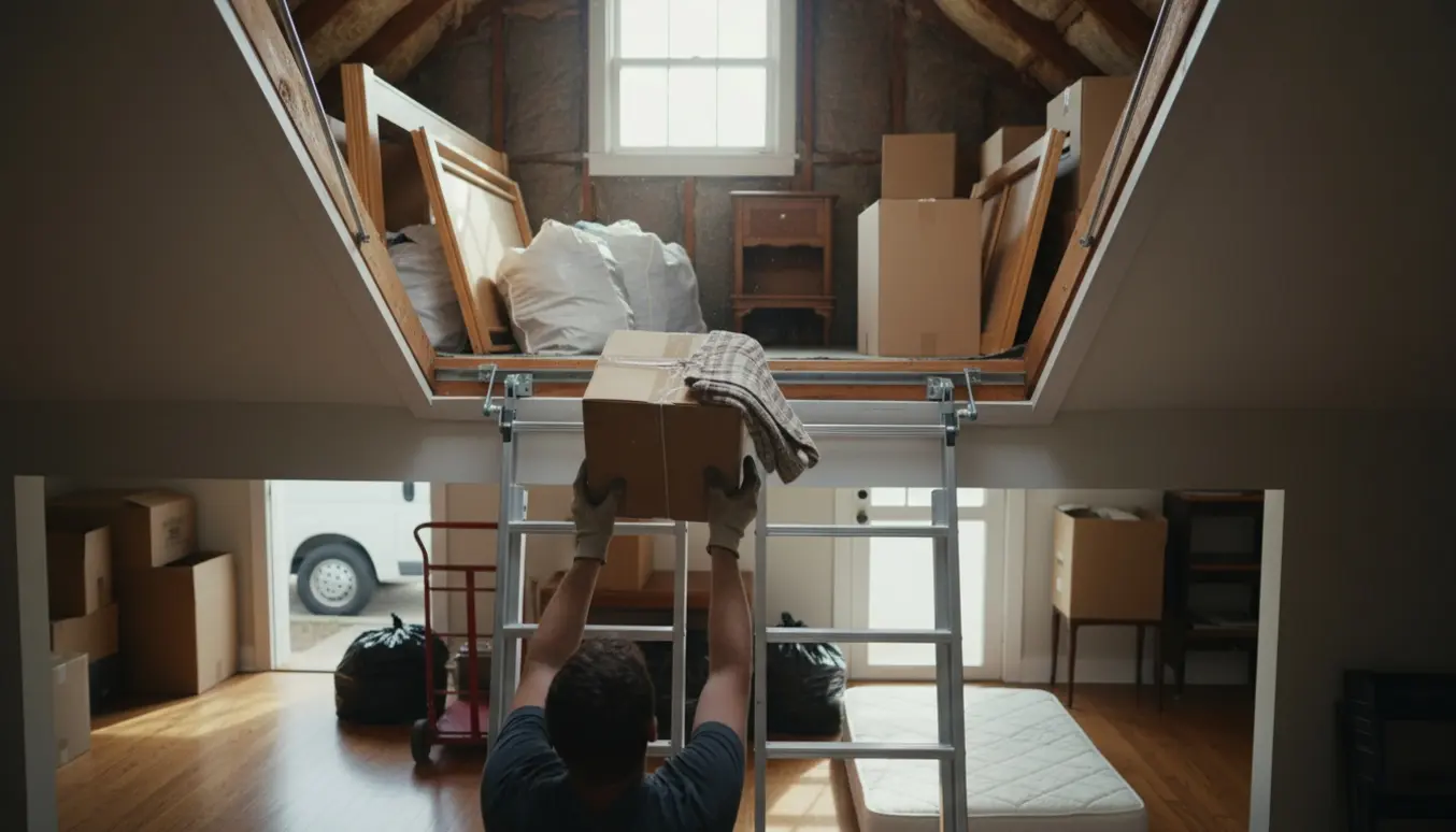 Åben loftslem med personer, der griber kasser og adskilte møbler ned ad en stige, klar til transport til genbrugsstationen.