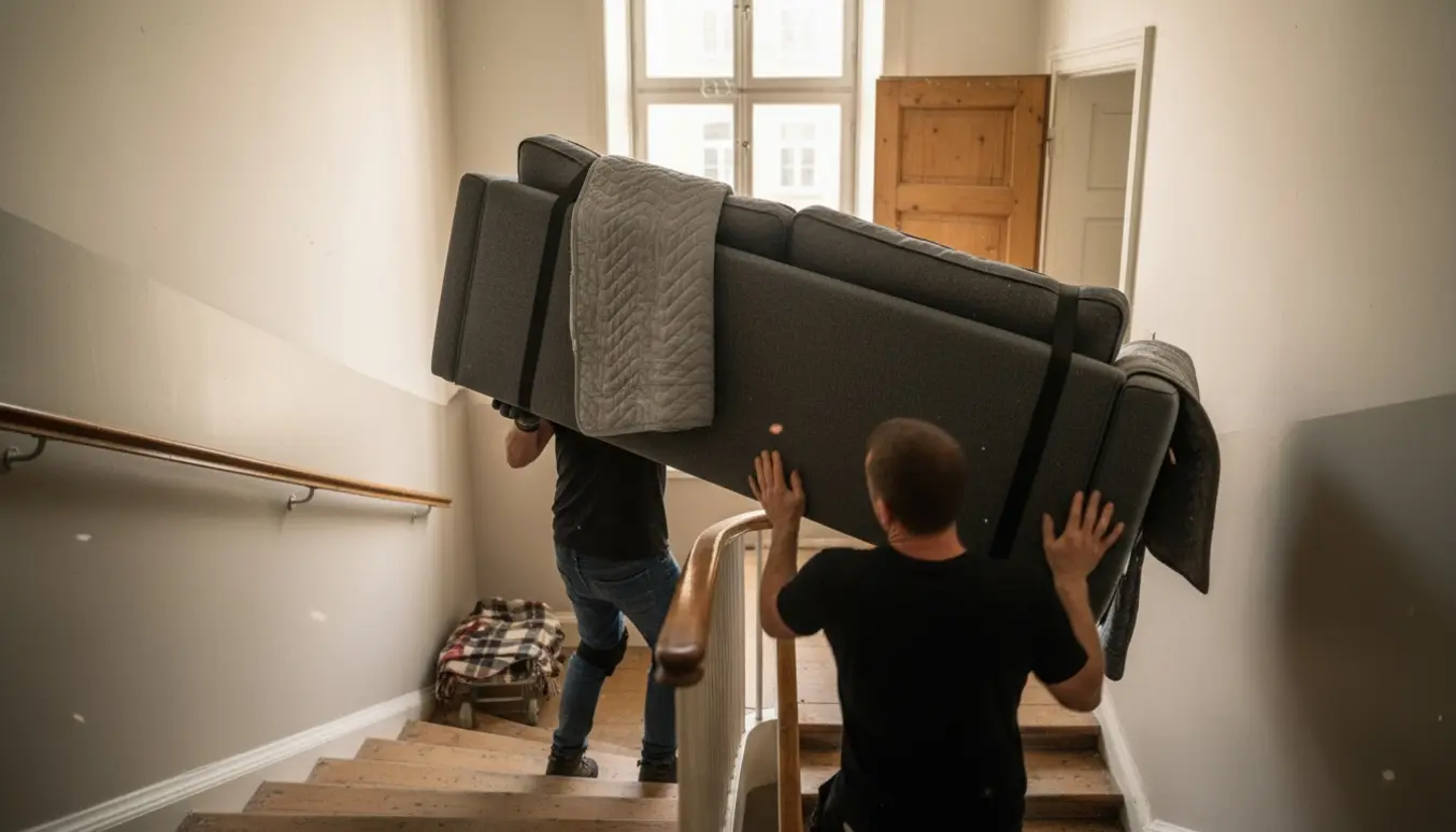 To personer bærer en mørkegrå sofa op ad en snæver, rund trappe i en dansk opgang, ansigter er slørede.