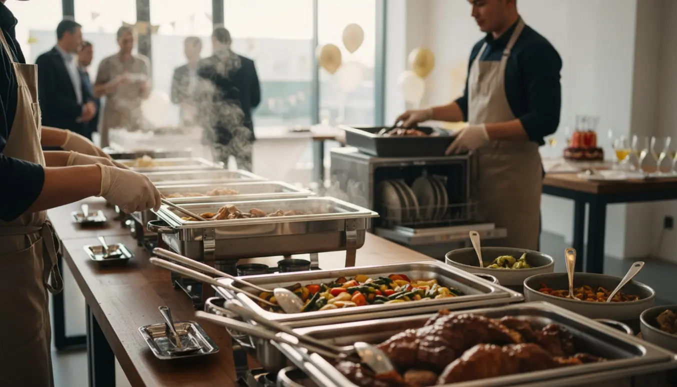 Servere fylder varme retter på en buffet og rydder tallerkener ved et fødselsdagsarrangement.