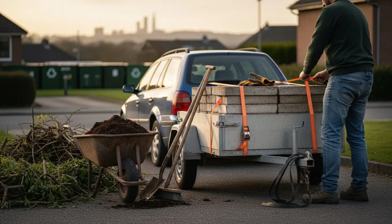 Trailer med stabler af fliser, en gammel trillebør med jord og en bunke grene klar til at blive kørt på genbrugspladsen.