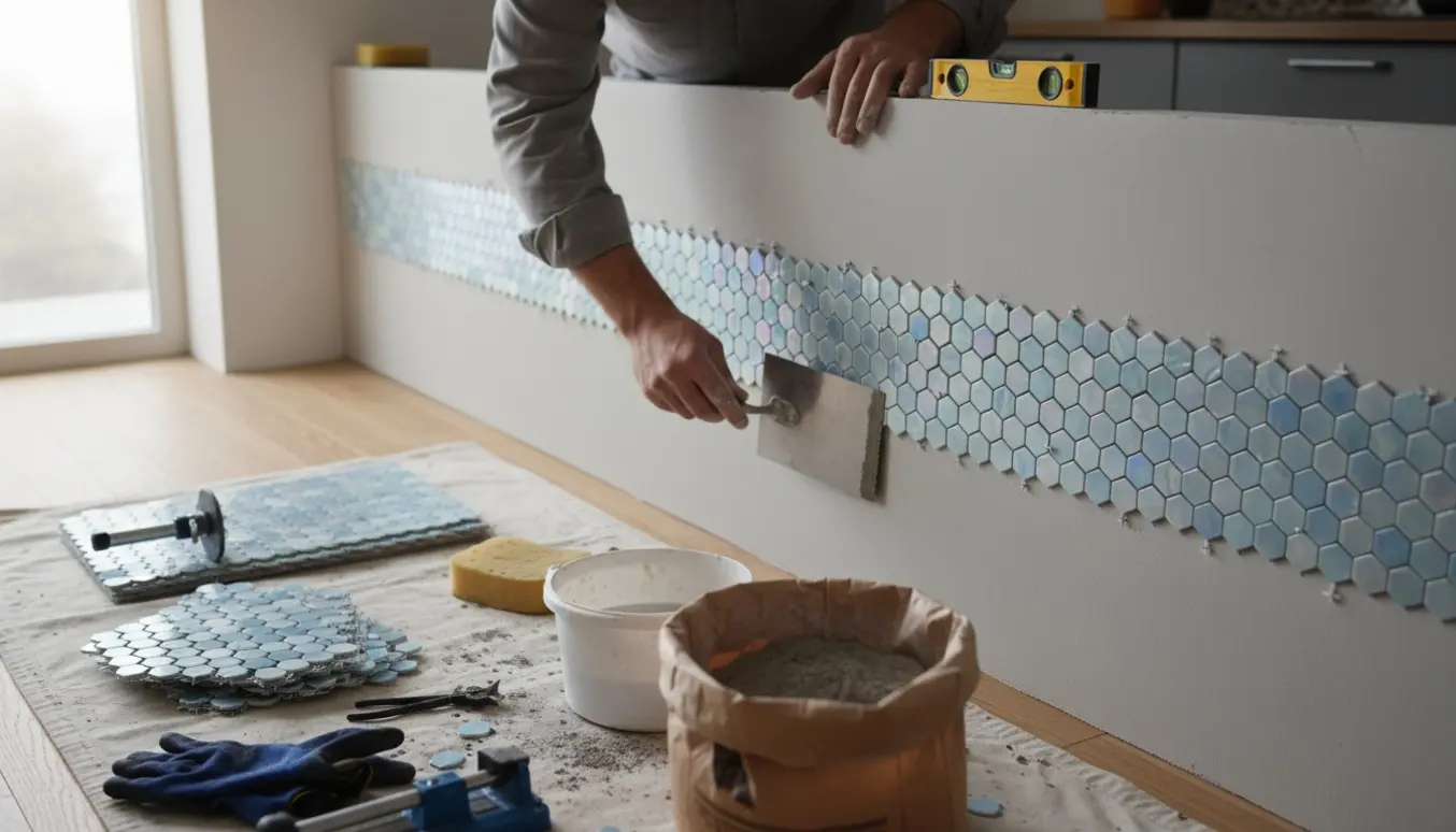 Hænder monterer mosaikplader på en forberedt køkkenvæg med mørtel og værktøj ved siden af.