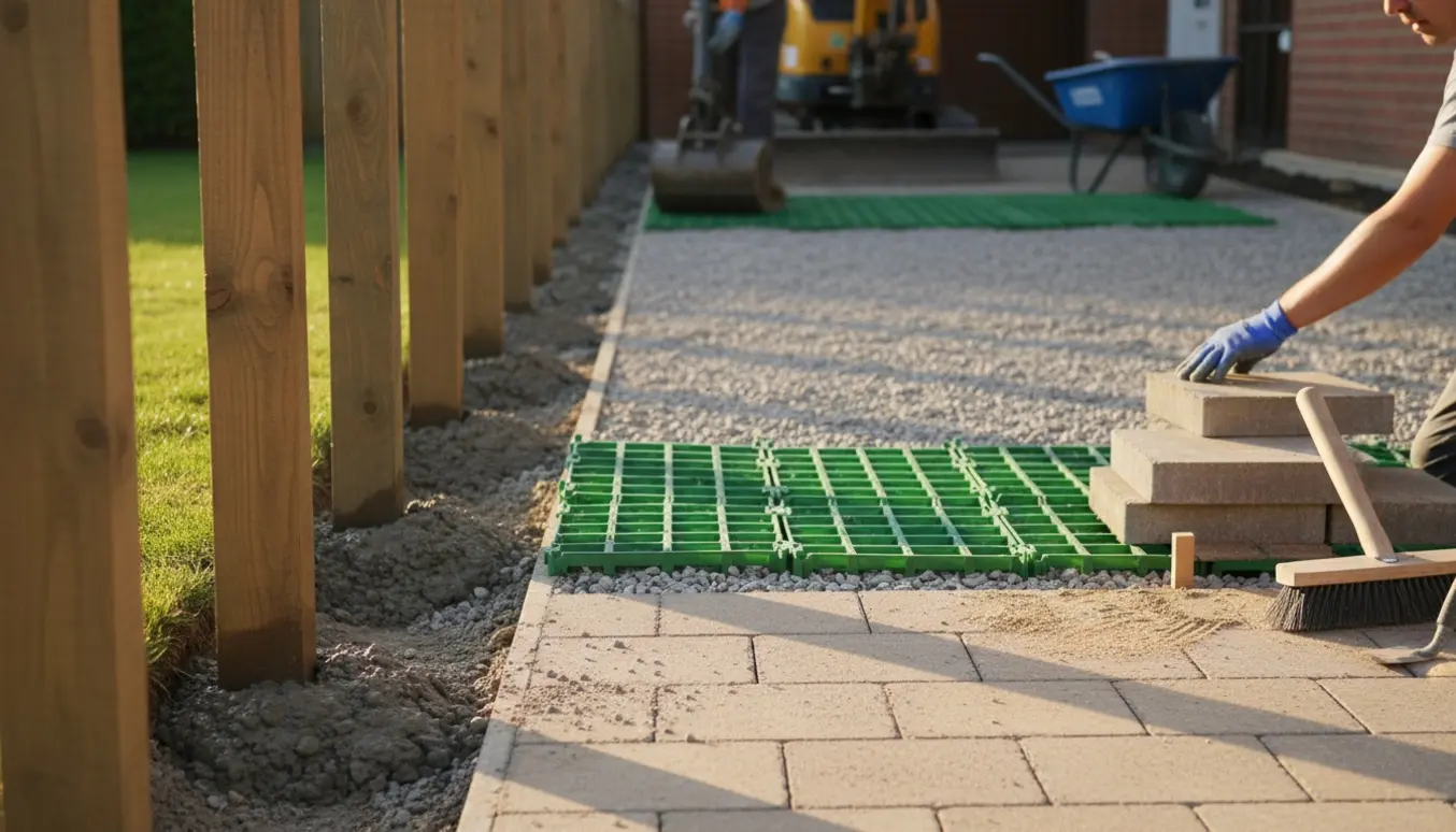 Nystøbte, malede hegnsstolper ved en udgravet indkørsel med græsarmering og fliser klar til lægning.