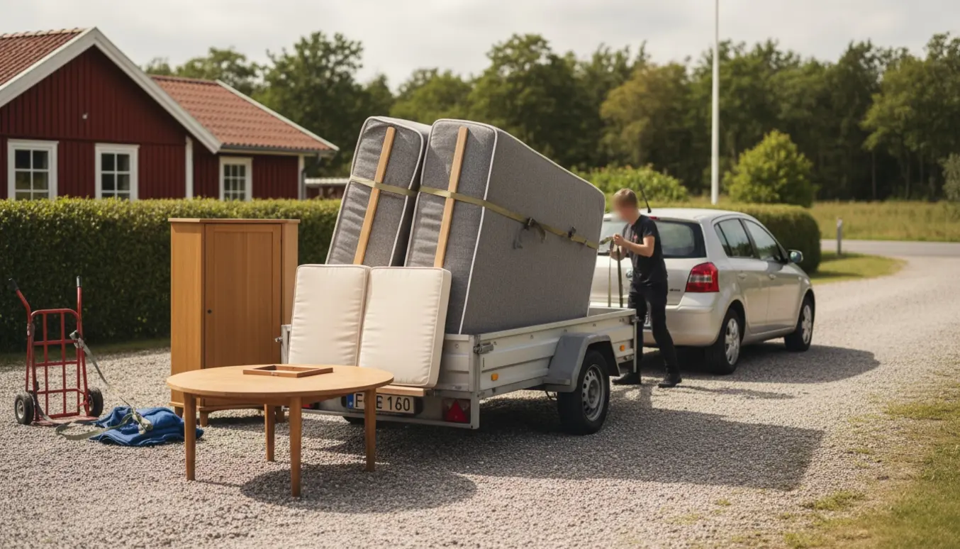 Møbler og flytteudstyr stillet op på en sommerhusindkørsel klar til afhentning med trailer.