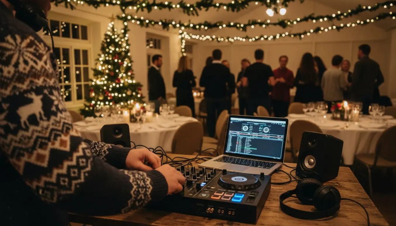 DJ justerer et lille mixerbord ved firmajulefrokost med julelys og dansende gæster i baggrunden.