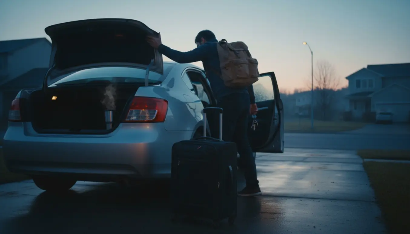 En rejsende i morgengryet ved en pakket bil, klar til afgang med taske og kaffe.