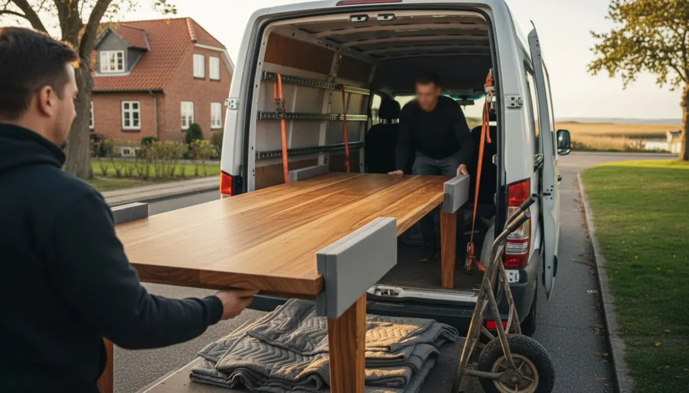 Et 2 meter langt spisebord pakkes og spændes fast i en flyttevogn på en dansk forstadsgade.