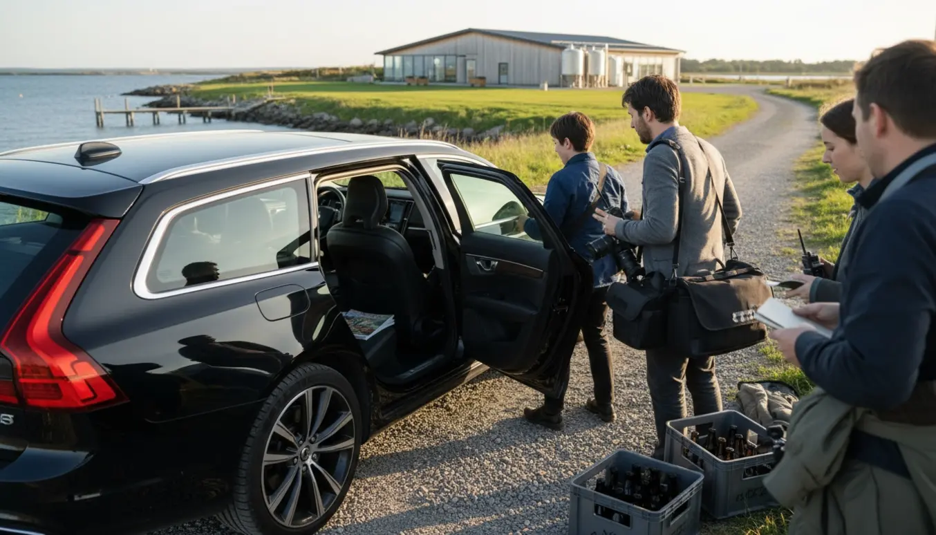 Ren bil holder ved et lille datidigt bryggeri, mens chaufføren hjælper tre journalister med bagage.