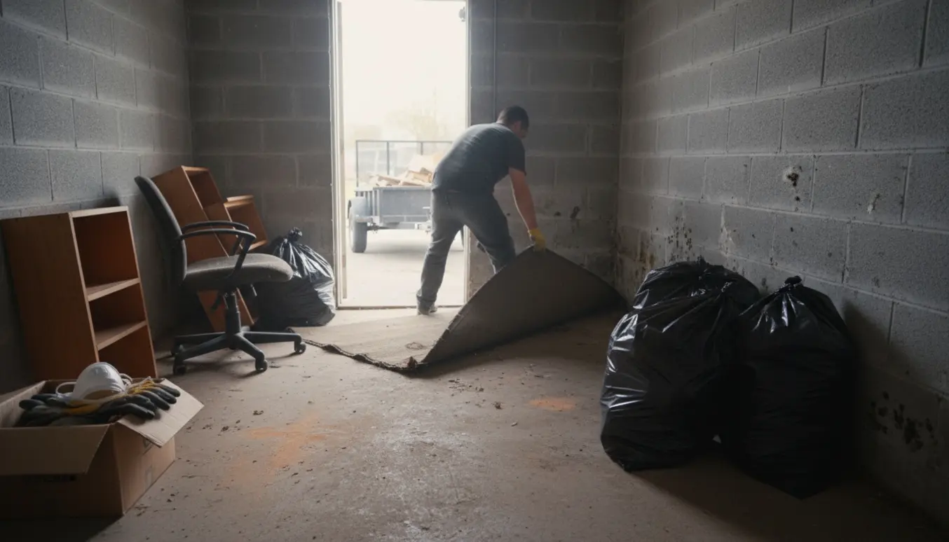 Kælderrum under butik med handsker og støvmaske, hvor gulvtæppe rives op og sække fyldes til bortkørsel.