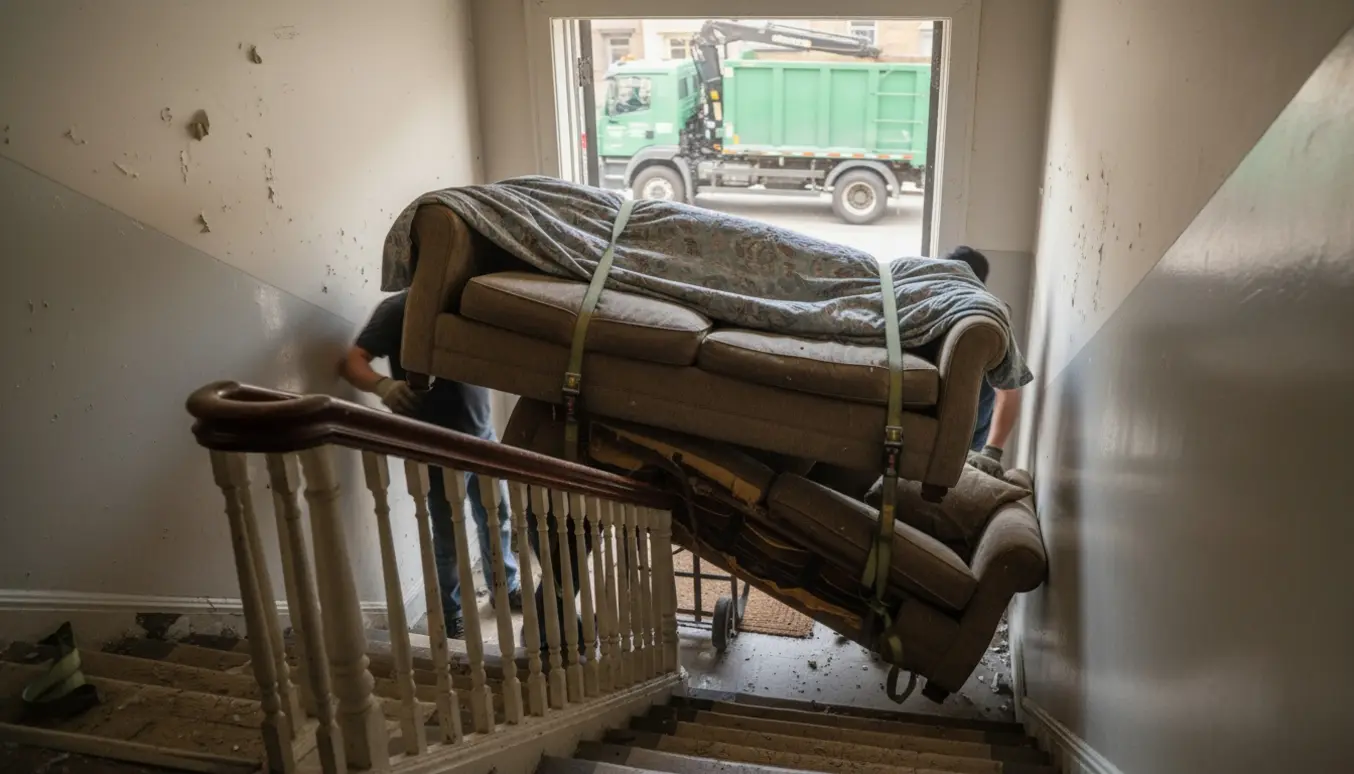 To slidte sofaer bæres ned ad en opgang mod en container udenfor.