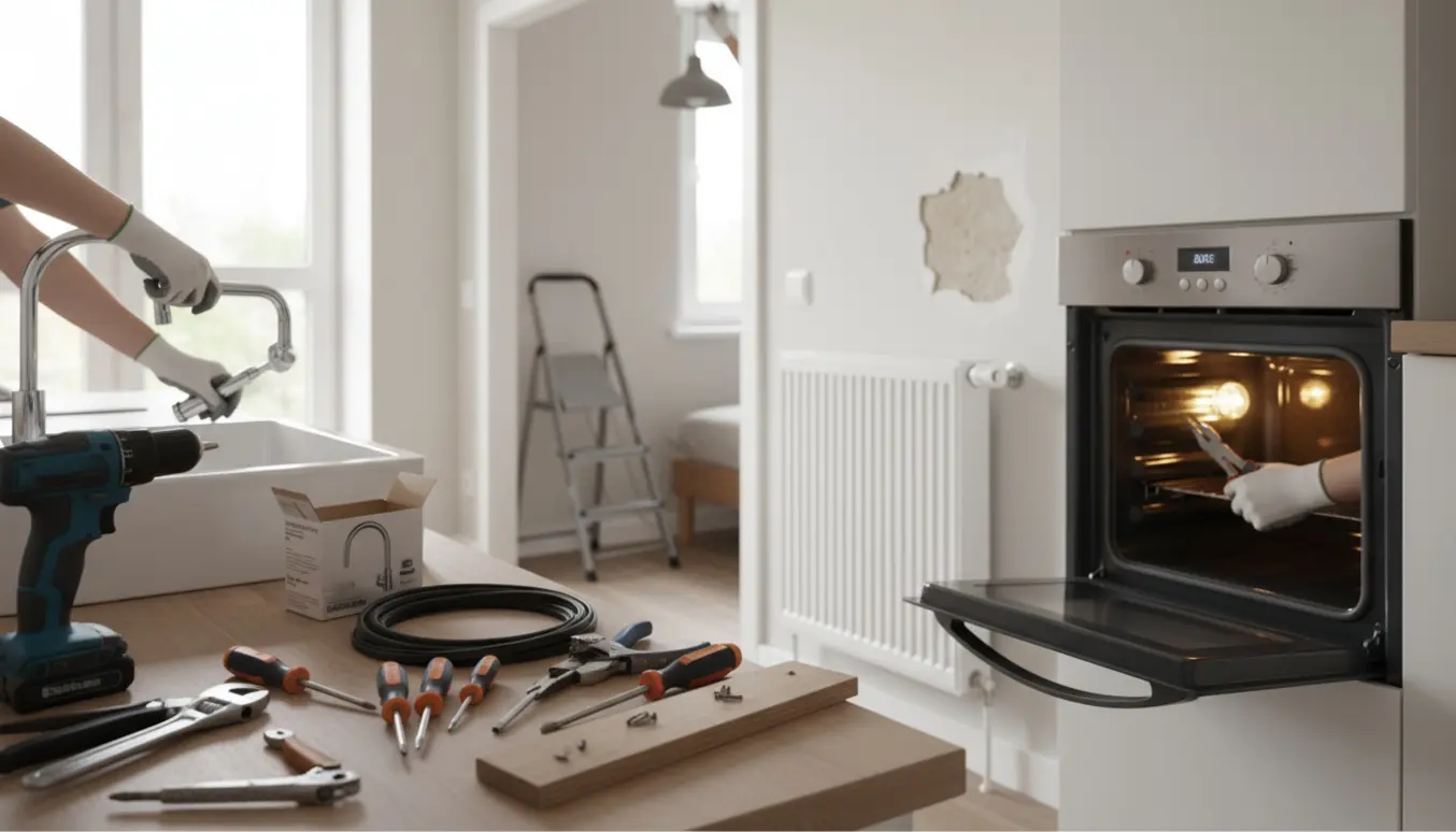 Hænder udfører forskellige vedligeholdelsesopgaver i en lejlighed: fastgør radiator, udskifter armatur og gummilister samt skifter ovnpære.