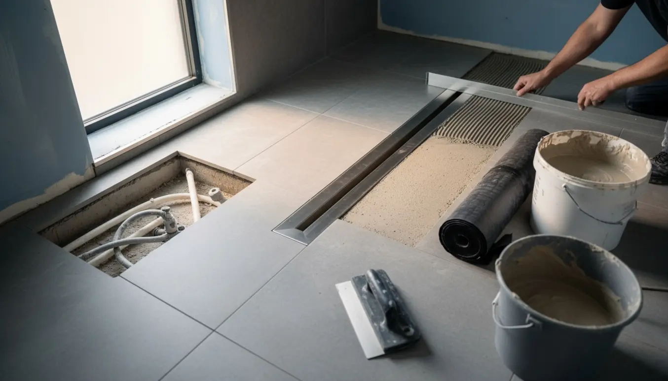 Delvist flisebelagt badeværelse under renovering med bred lineær afløb og vådrumssikring.