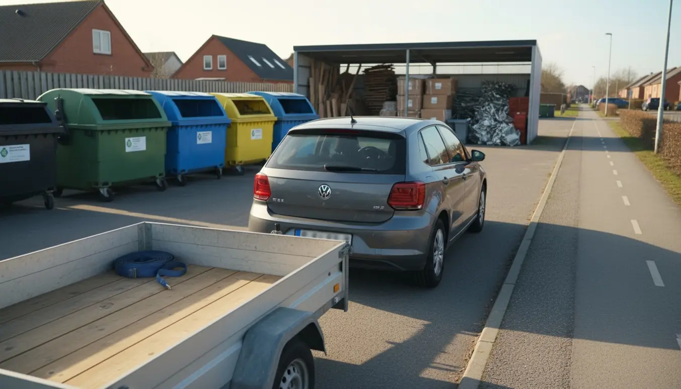 Tom trailer tilkoblet en bil ved en lokal genbrugsplads i Hvidovre på en solrig formiddag.