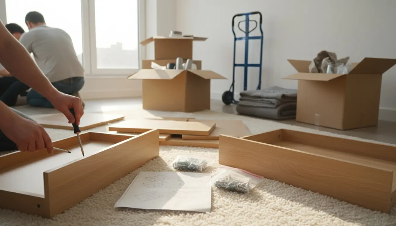 Hænder samler et flatpack-møbel i en lys lejlighed omgivet af flyttekasser og flytteudstyr.