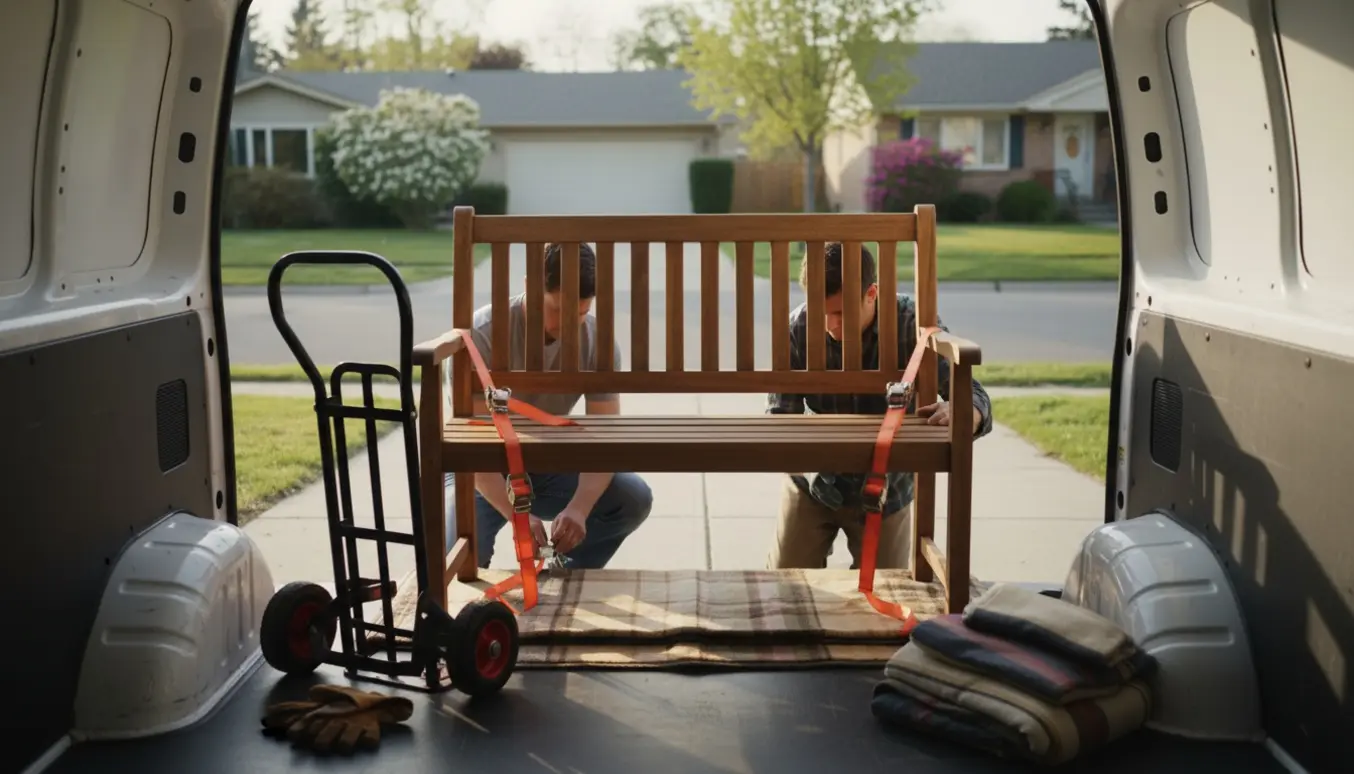 En træhavebænk pakket og spændt fast i bagagerummet på en varevogn klar til transport.