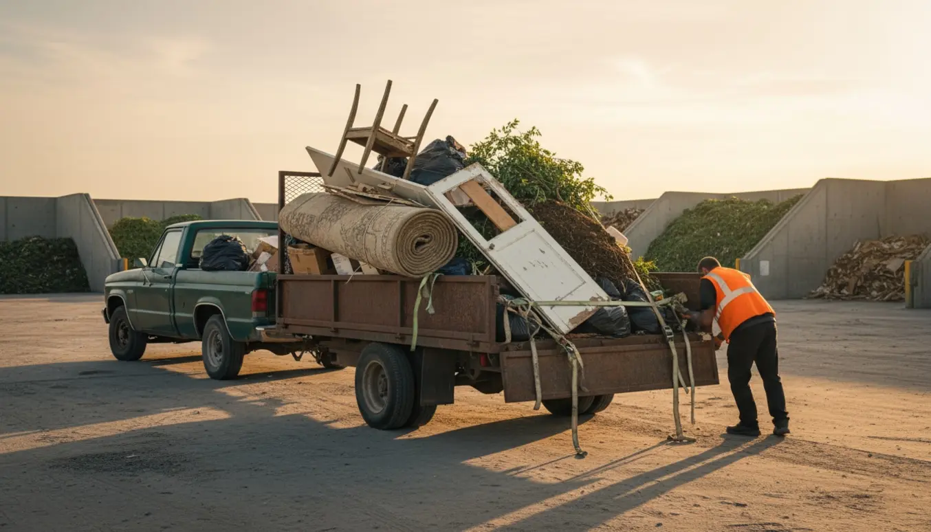 Pickup med trailer læsset med bygge- og haveaffald ved en omlastersplads, klar til aflevering.