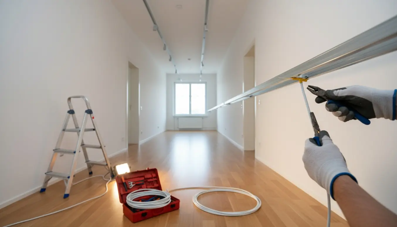 Hænder trækker ledninger gennem monterede loftsskinner i en tom gang med kabeltromle og værktøj.