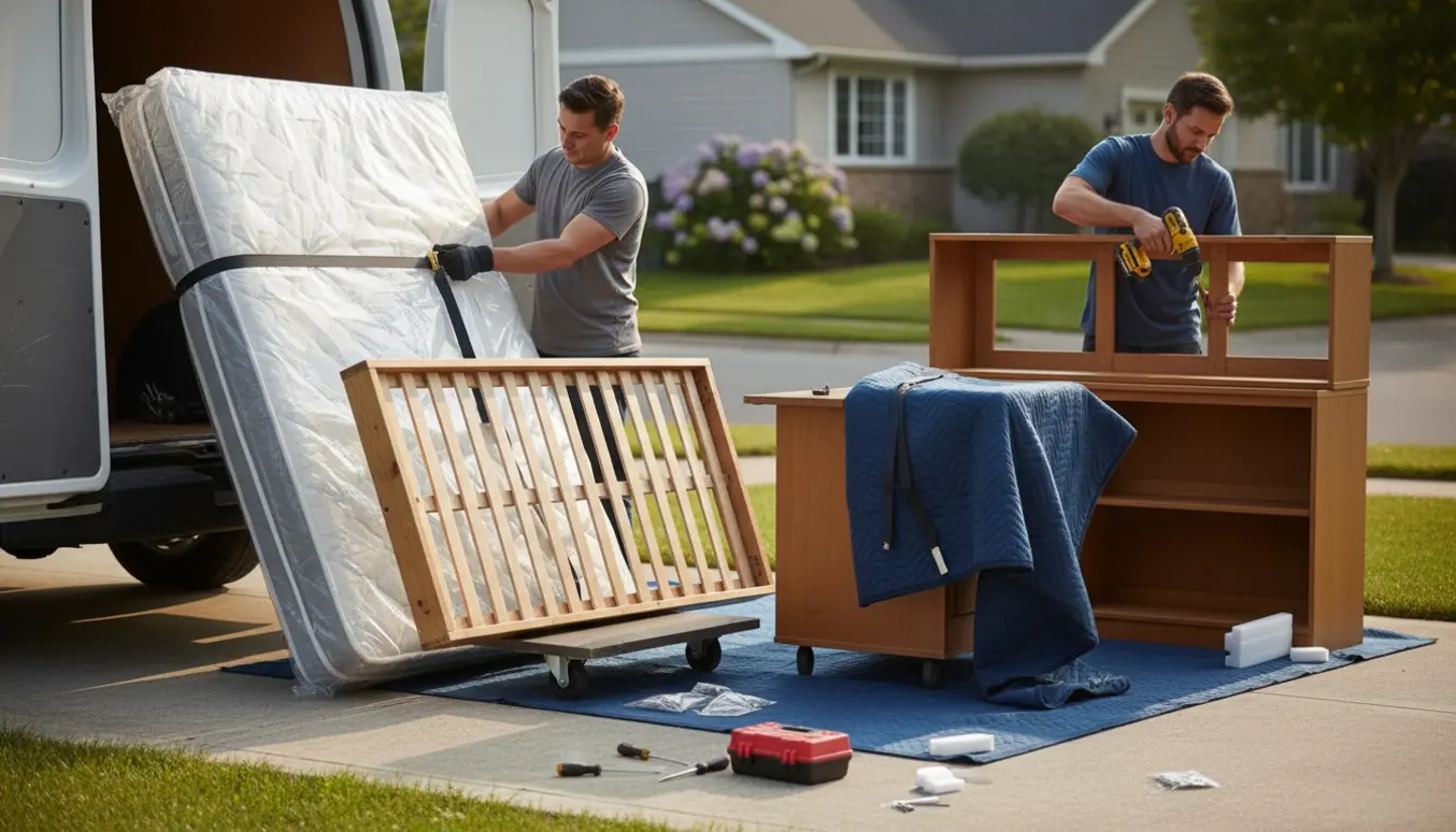 Varebil på indkørsel med madras, sengebund, adskilt bogreol og lille skrivebord klar til afhentning.