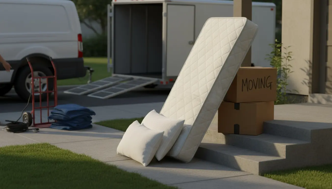 Boks madras (90x200), puder og papkasser foran en trappe ved en varevogn og trailer, klar til afhentning.