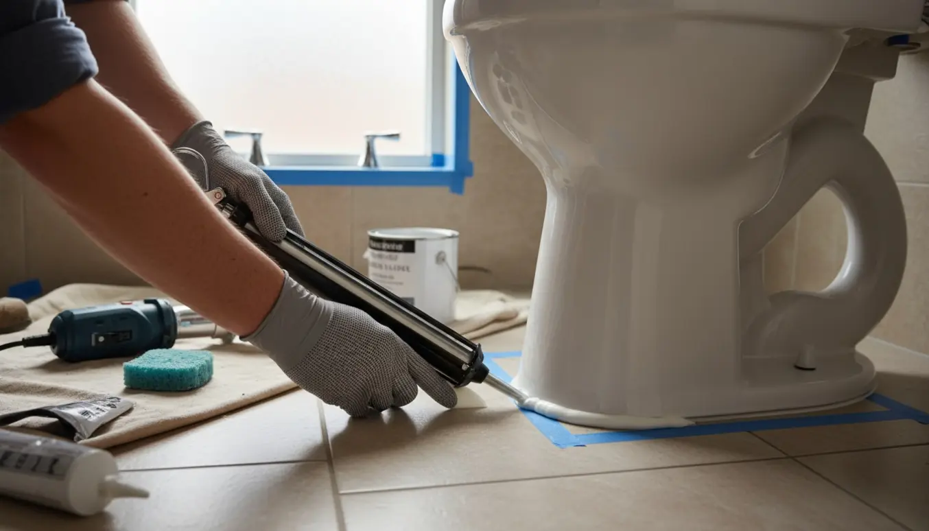 Hænder fuge omkring et toilet med fugepistol, masking tape og sprøjtepistol i et lyst badeværelse.