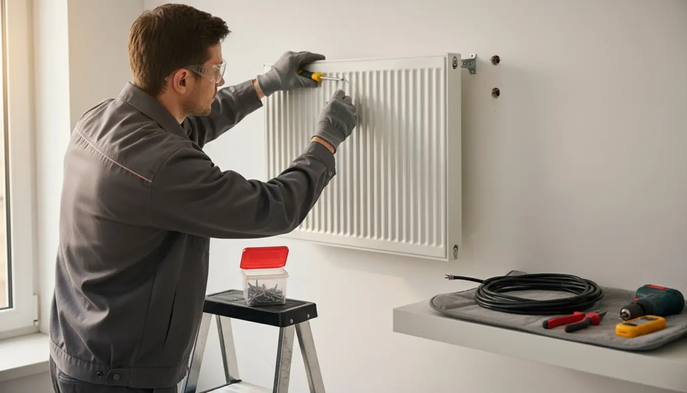 Elektriker sænker og fastgør en væghængt el-varmer med værktøj og genbrugte skruer.