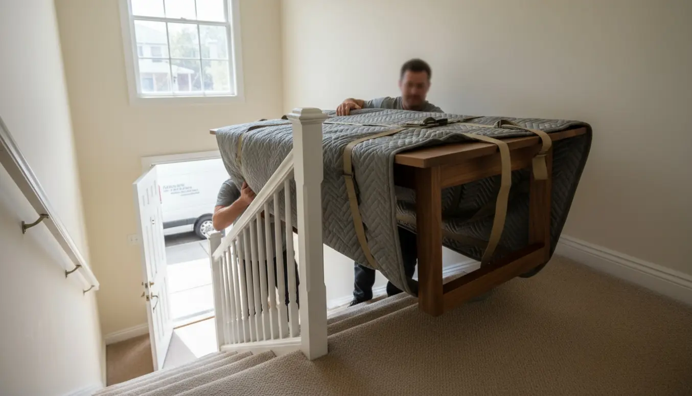 To personer bærer et indpakket spisebord op ad en trappe i en lys lejlighed.