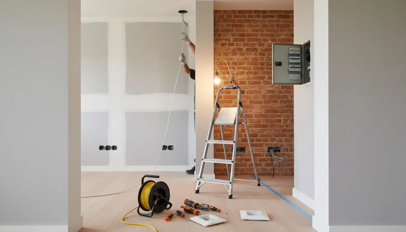 Elektriker trækker kabel til loftlampe i to nyrenoverede værelser med åbne stikkontakter og værktøj.