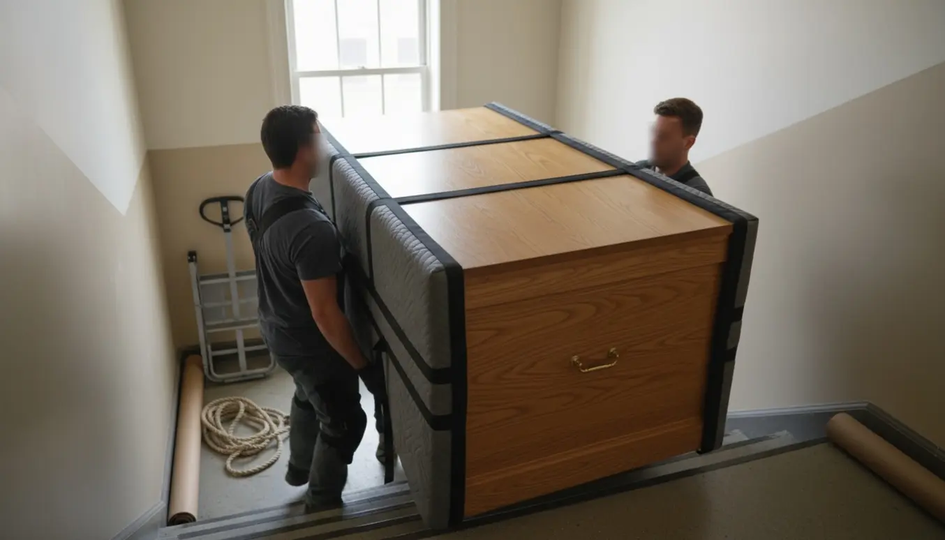To flyttefolk bærer en lang egetræskiste ned ad en trapp i en opgang, beskyttet af tæpper og stropper.