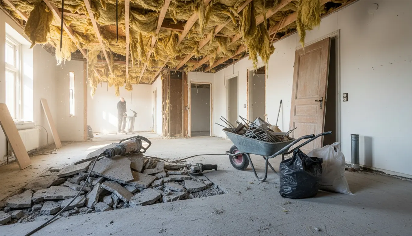 Indendørs renovering med fjernet plankeloft, synlig isolering, opbrudt betongulv og værktøj som betonhammer og vinkelsliber.