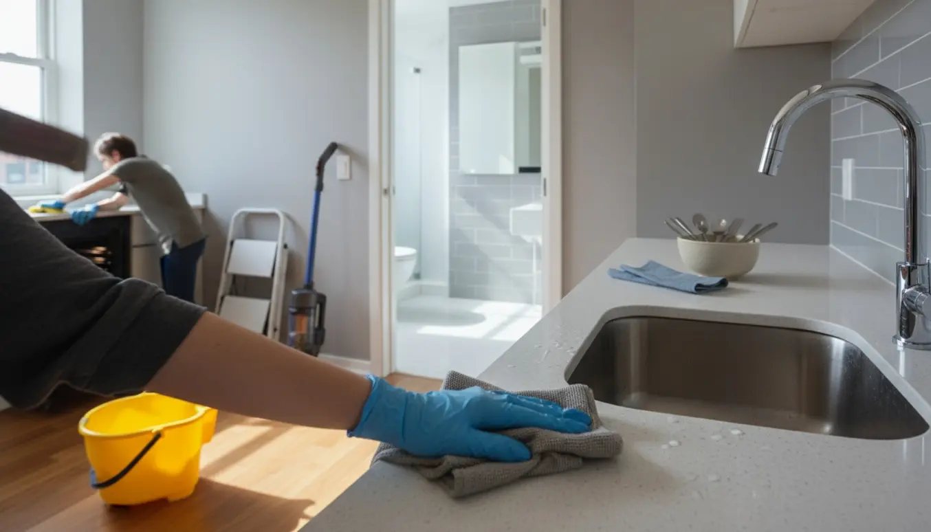 Professionel flytterengøring i en lille lejlighed med hænder i handsker, skinnende køkkenvask, moppe og støvsuger i baggrunden.
